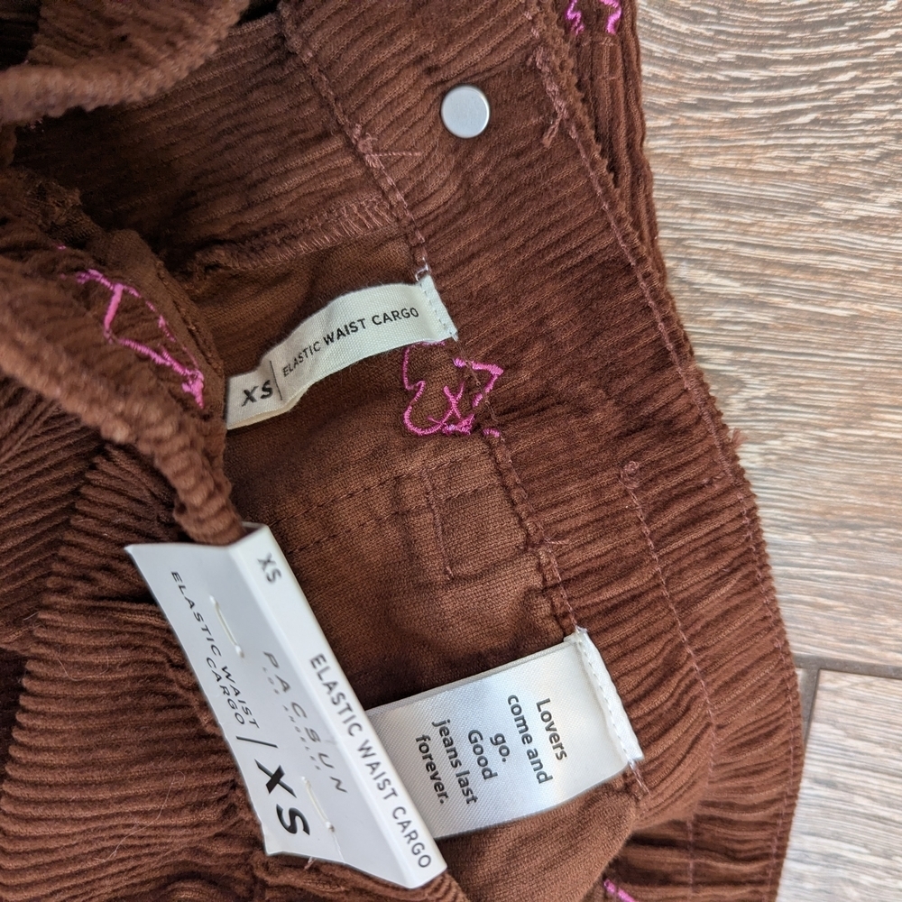 PacSun Heartbreaker Brown Corduroy Cargo Pants Size XS Elastic Waist Straight - Picture 10 of 11
